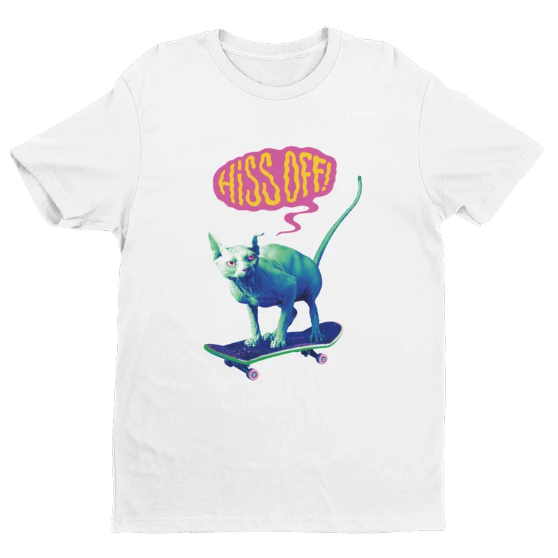 playera color blanco con diseño de un gato en patineta estilo retro 90s marca pixsound SKU-RT000002