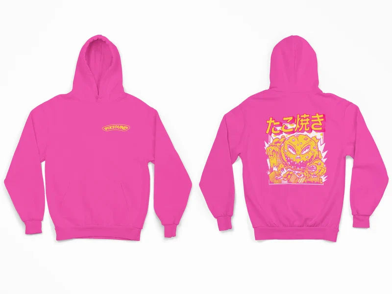 sudadera hoodie estilo asianwear con un look urbano de un dibujo retro de un takoyaki mounstrio con un estampado estilo serigrafia  tela suave color rosa