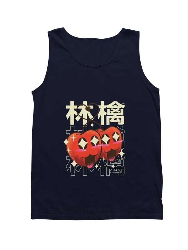 tank top color gris oscuro con diseno retro kawaii de unas cerezas marca pixsound SKU-TK000008