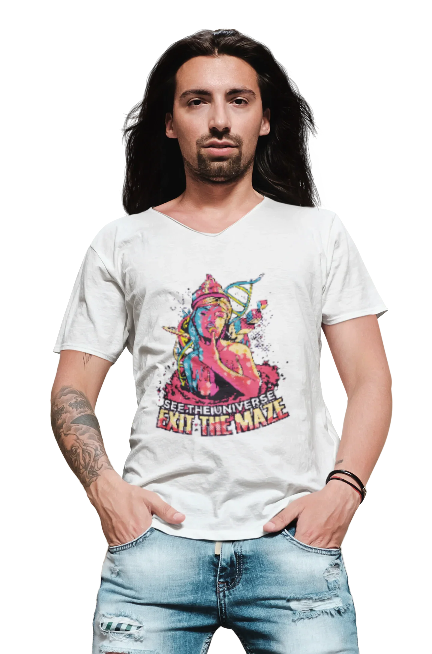 hombre vistiendo playera de color blanco con diseño streetwear de psicodelia
