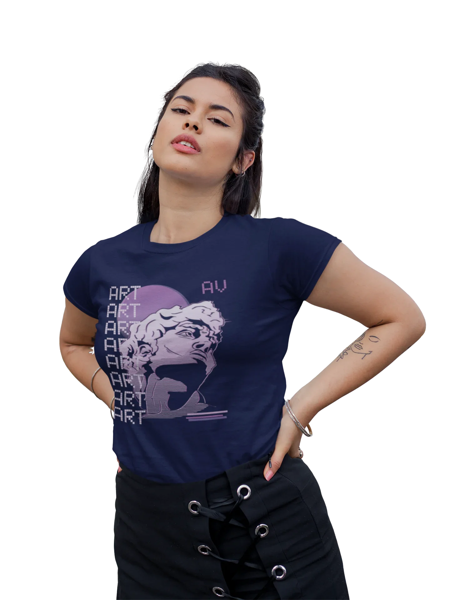 mujer con look streetwear viste una playera streetwear para mujer de color azul estilo vaporwave con diseno retro  VWV
