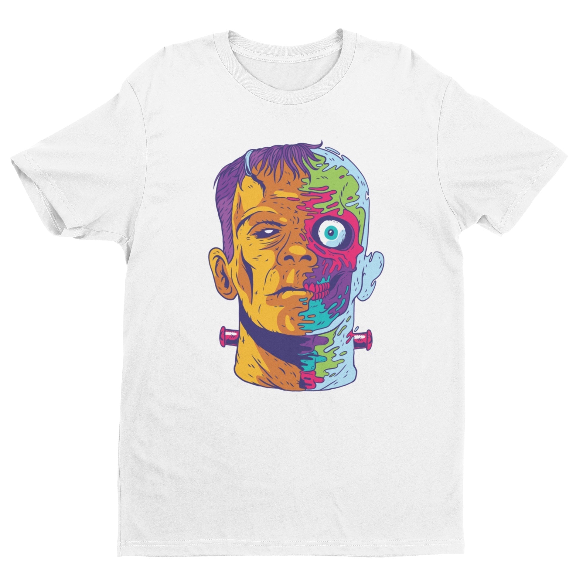 "Playera color blanco con una ilustración psicodélica de Frankenstein con colores azul, morado, amarillo, material algodón peinado de máxima suavidad"