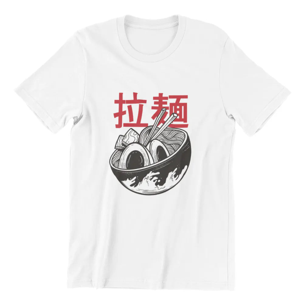 Playera de algodon color blanco con diseño streetwear japones con dibujo de ramen bowl
