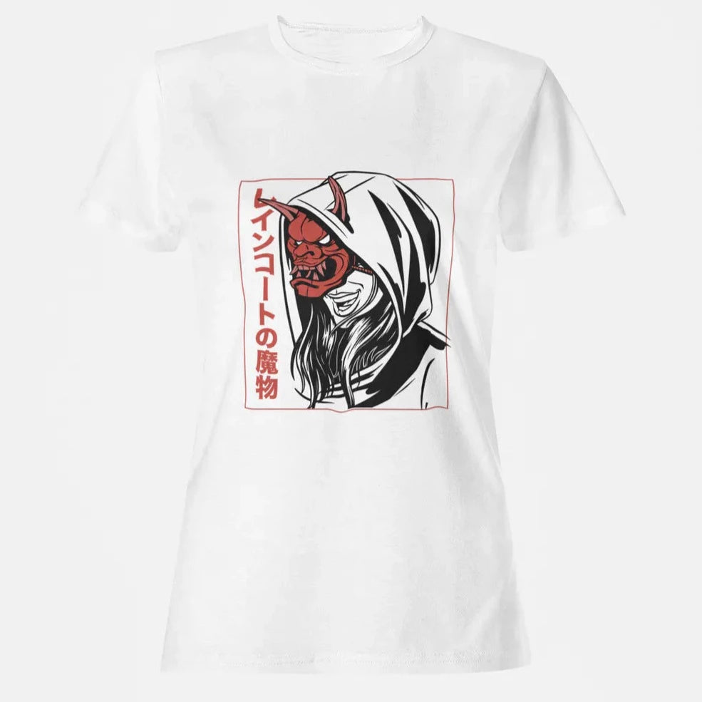 playera color blanco para mujer con diseño japones de dibujo anime de mascara Hannya con letras kanji  SKU-ASW809005
