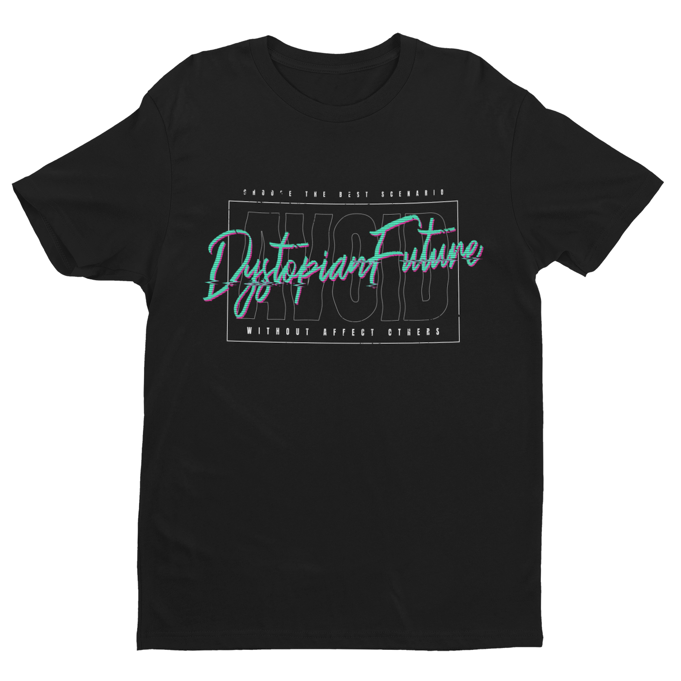 "Playera negra con tipografia glitch estilo vapor wave con frase futurista Avoid distopian future, material algodon peinado de máxima suavidad" 