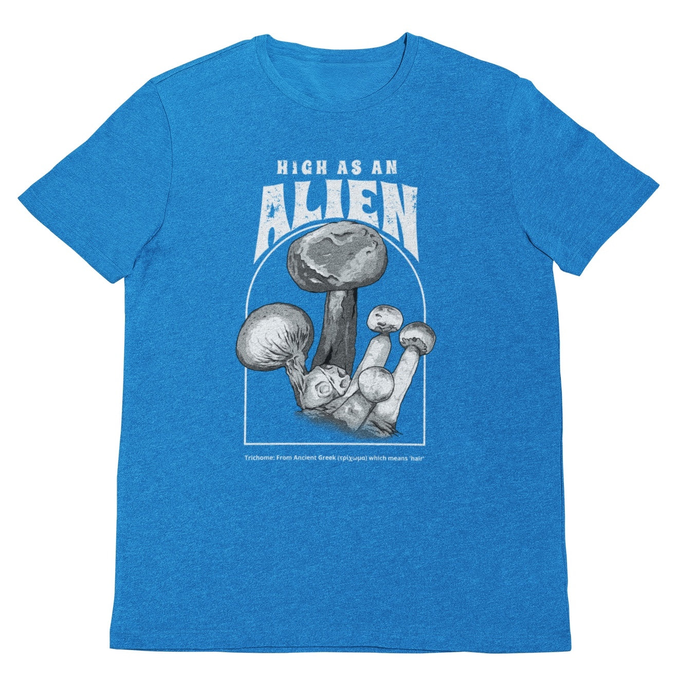 "Playera para hombre color azul jaspe con diseño retro de hongos con temática relacionada a la cultura de la psicodelia y la naturaleza, material algodón super suave"