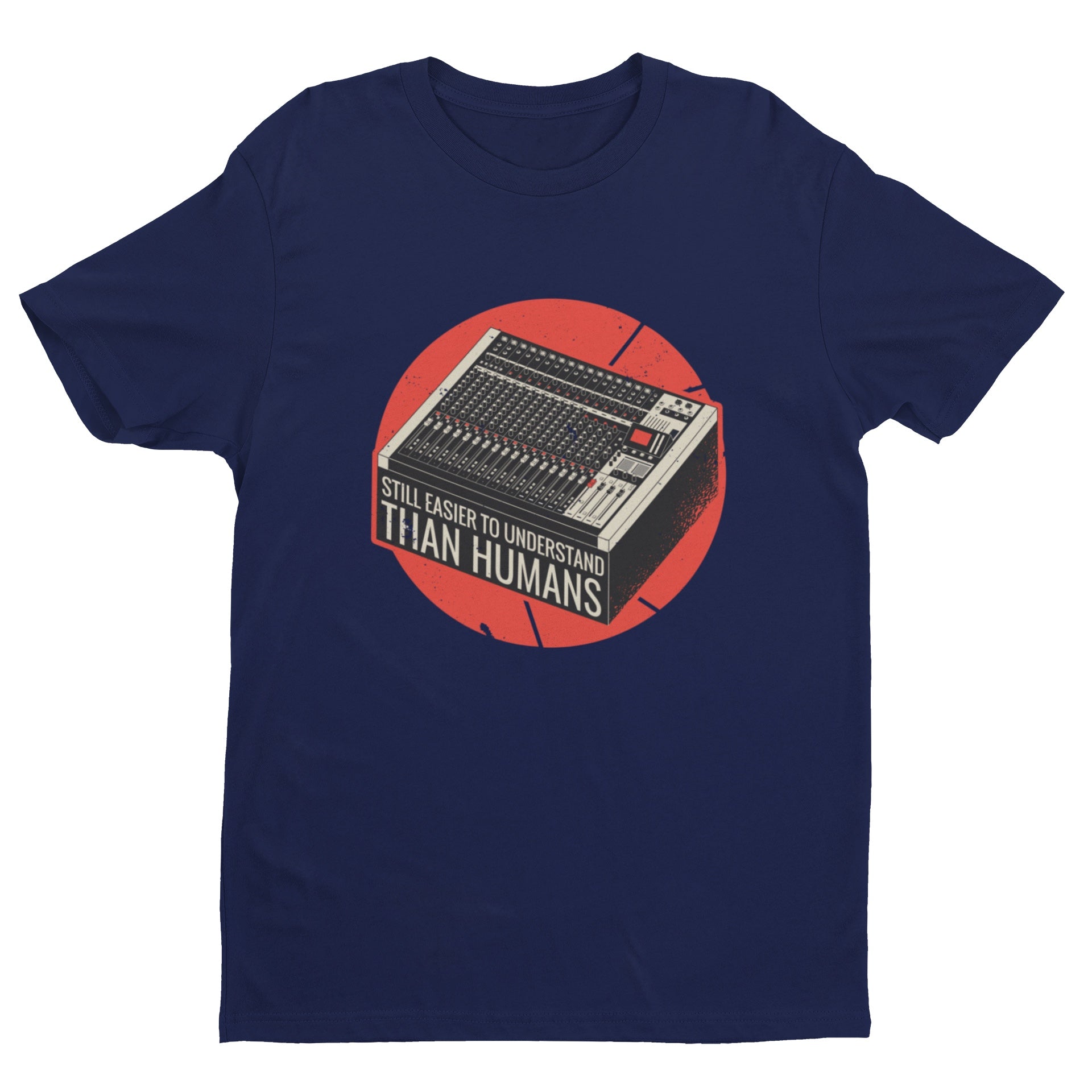 "Playera para hombre color azul con  estampado de consola de audio vintage dentro de un circulo naranja, con frase Still Easier to understand than humans"