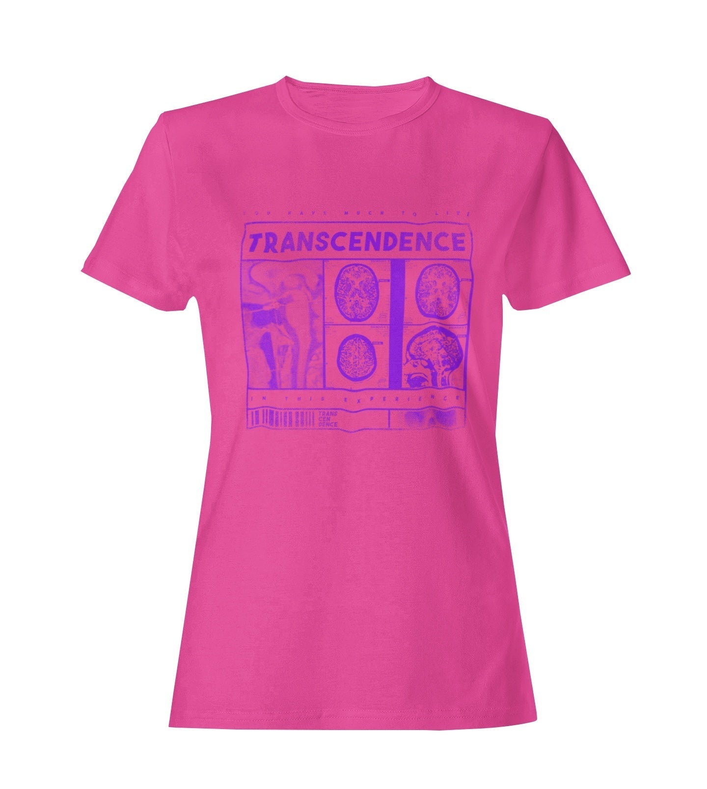 "Playera para mujer color rosa con estampado color purpura con temática de neuro ciencia y psicodelia con escáner de cerebro"