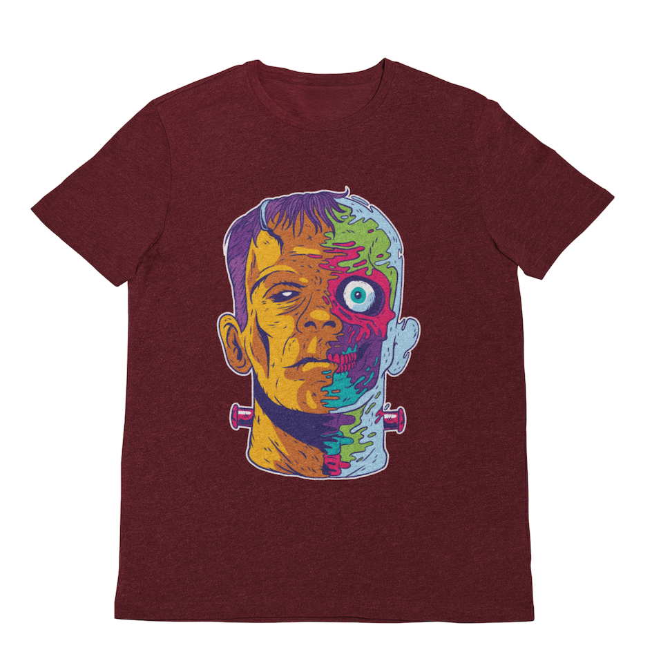 "Playera con una ilustración psicodelica de Frankenstein con colores azul, morado, amarillo, material algodón peinado de máxima suavidad"