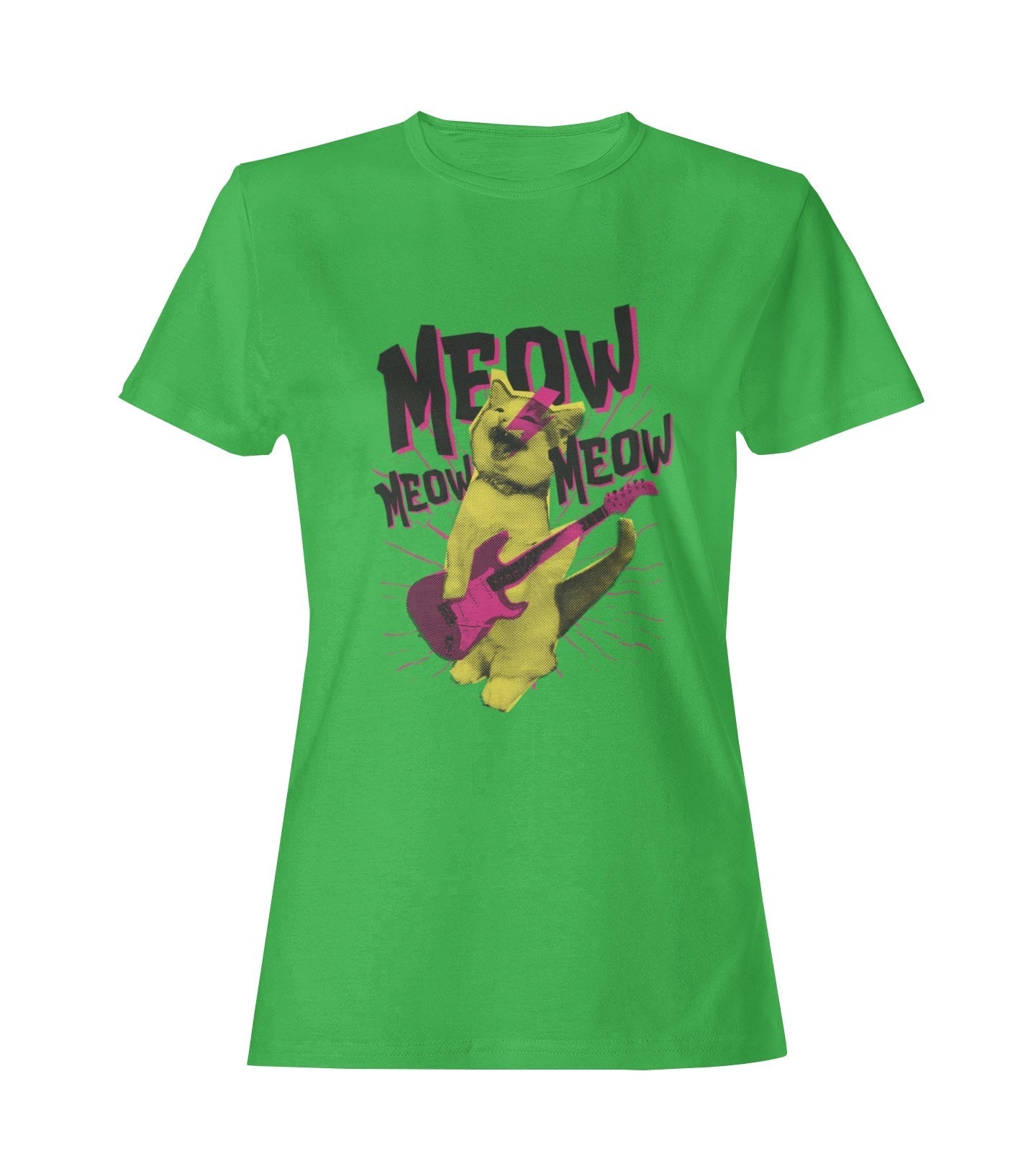 "Playera para mujer color verde con estampado de gato estilo Starman David Bowie con guitarra estilo retro con tonos cromáticos grises, amarillo y rojo. material algodón"