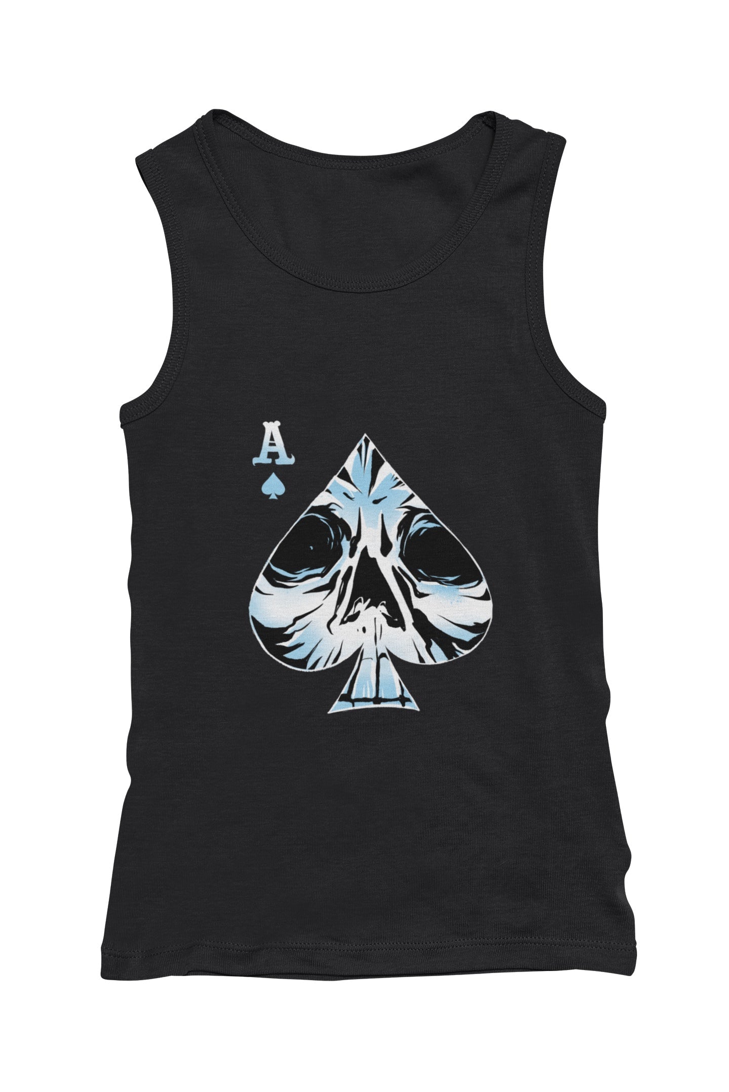 "Tank top para hombre color negro con diseño rocker con dibujo de as de espadas con calavera, material algodón suave."